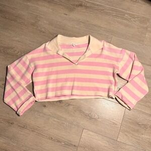 Blu Pepper Pink Stripe Collared‎ Crop Sweatshirt Pullover Womens Large L